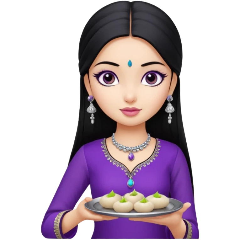 a pretty bratz girl with straight black hair, wearing a purple kurti, silver jhumkas, eyeliner, carrying a plate of momos emoji