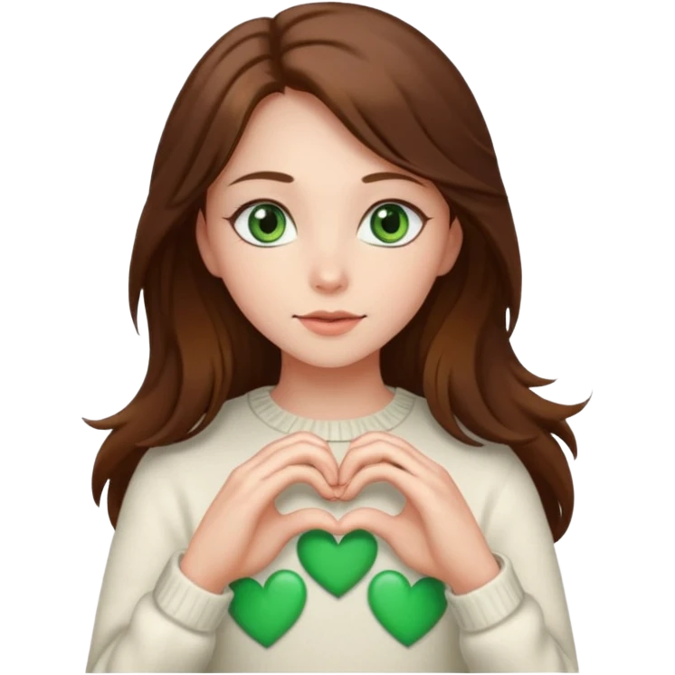 Girl green eyes brown long hair white warm sweater doing hands heart emoji