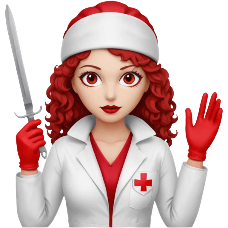 Scary woman scalpel in hand, evil surgeon sexy surgeon clothes.  She has red eyes. Her  brown long curly hair. Wears sexy doctor outfit with red gloves. make her wear red ski mask  to hide. Wears white surgeon jcketneb emoji