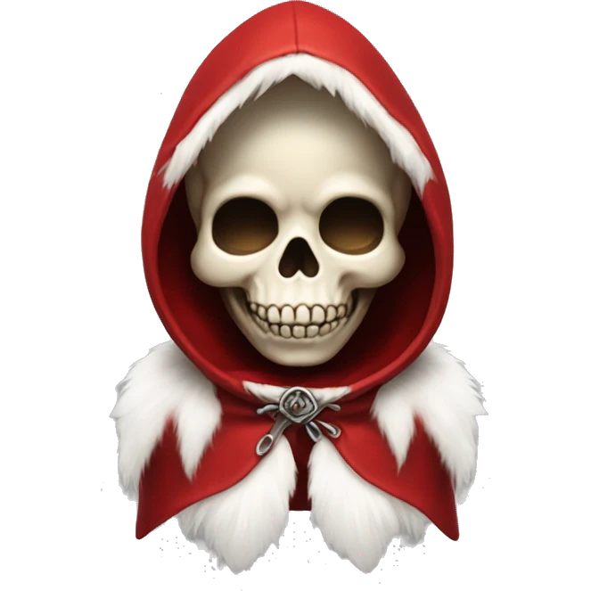 Cute, happy little skull wearing a red velvet hood with white fur trim. emoji