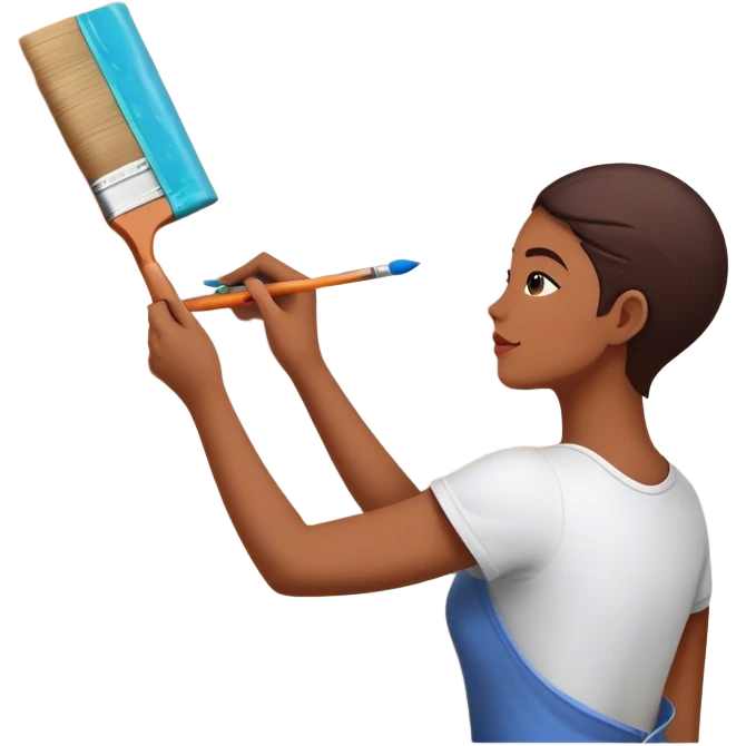 Create an icon that represents the hobby of wall painting, featuring a wall with a beautiful painting in progress. The design should include a paintbrush, a roller, and part of the wall decorated with colorful patterns or a mural. The icon should show the process of creating the artwork, with the brush strokes visible on the wall, symbolizing the artistic nature of the craft. The composition should be balanced and harmonious, evoking creativity and skill. The background should be transparent. emoji