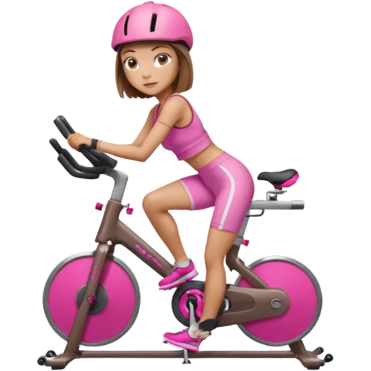 Light tan girl with a brown bob hat style with pink highlights in a pink workout set leaning on a indoor cycle bike emoji