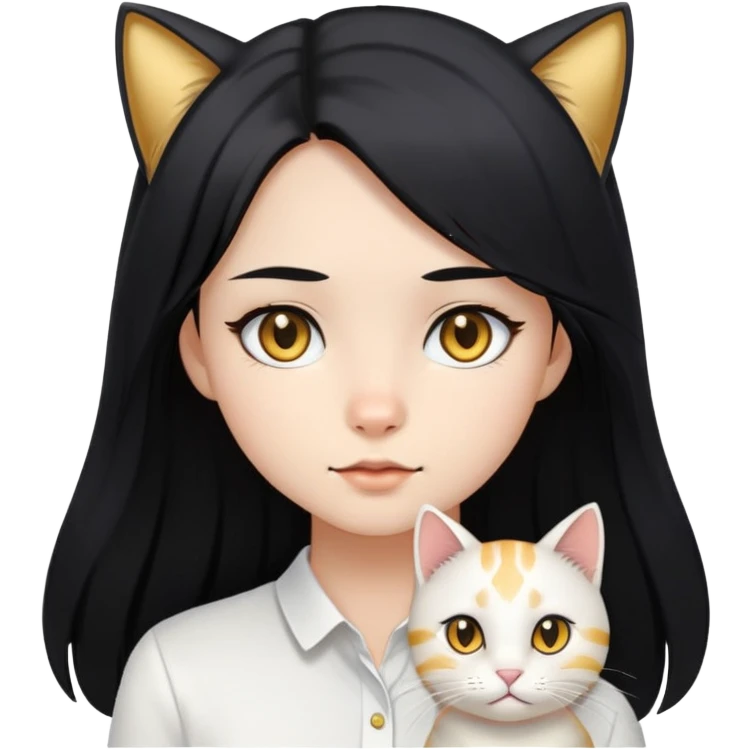 long black hair girl with black eyes with light gold cat wearing white shirt emoji
