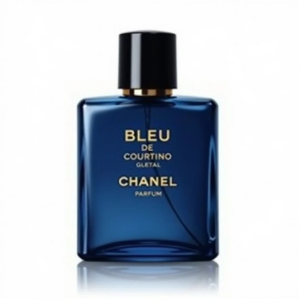 photorealistic illustration of a Bleu de Chanel Parfum bottle, deep blue glass, square shape, black cap, gold text reading 'BLEU DE CHANEL PARFUM' on the front, highly reflective and elegant, white background emoji