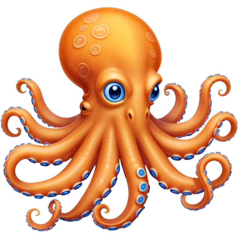 Cinematic Noble Octopus Portrait Emoji, Poised and enchanting, with a light orange body adorned with vibrant blue rings and eight delightfully curling arms with gentle suckers, large sparkling eyes exuding warmth and playfulness, Simplified yet charmingly expressive features, highly detailed, glowing with a soft, magical underwater radiance, high shine, intelligent and irresistibly cute, stylized with an air of whimsical marine enchantment, focused and fluid, soft glowing outline, capturing the essence of a watchful and endearing octopus that appears ready to float out of the screen with delightful charm! emoji
