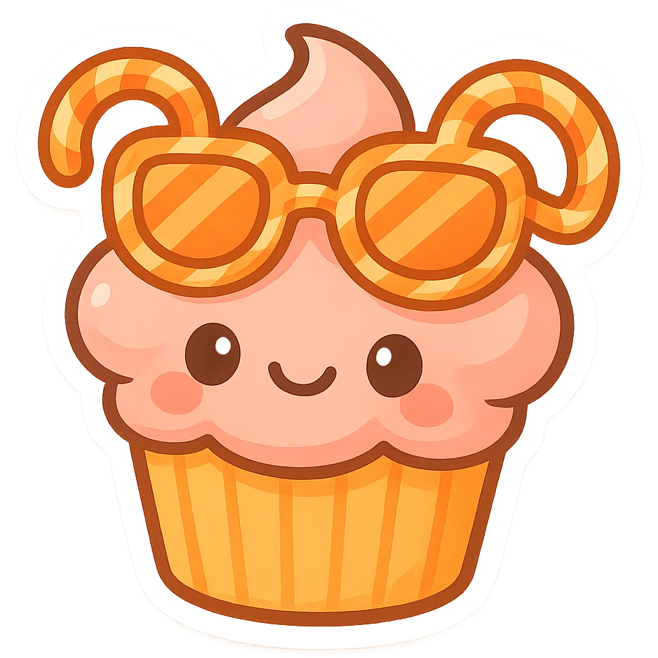 A cupcake topped with neon orange sugar cane sunglasses, whimsical and fun, sunglasses are made of candy, cute chibi stickers style, bright and colorful emoji