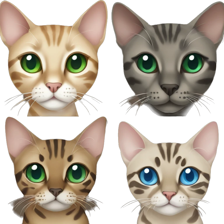 Seal Bengal cat with Blue eyes + charcoal Sepia bengal cat with Green eyes sit Next to each other  emoji