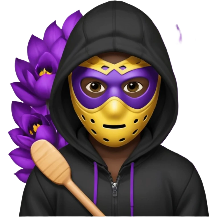 non human male cartoon character related to a shadow, all black skin, with all black clothes, focusing a black hoodie, and a black hockey mask covering his entire face, just his purple shadow eyes making a light bloom, no background emoji