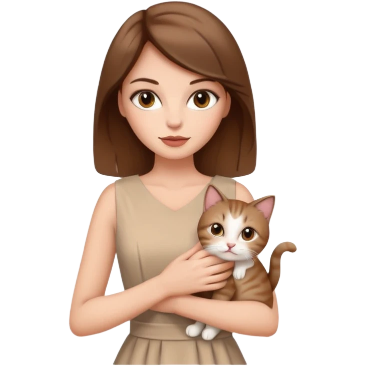 Stylish white woman with brown hair with makeup in beige dress holding a cat emoji