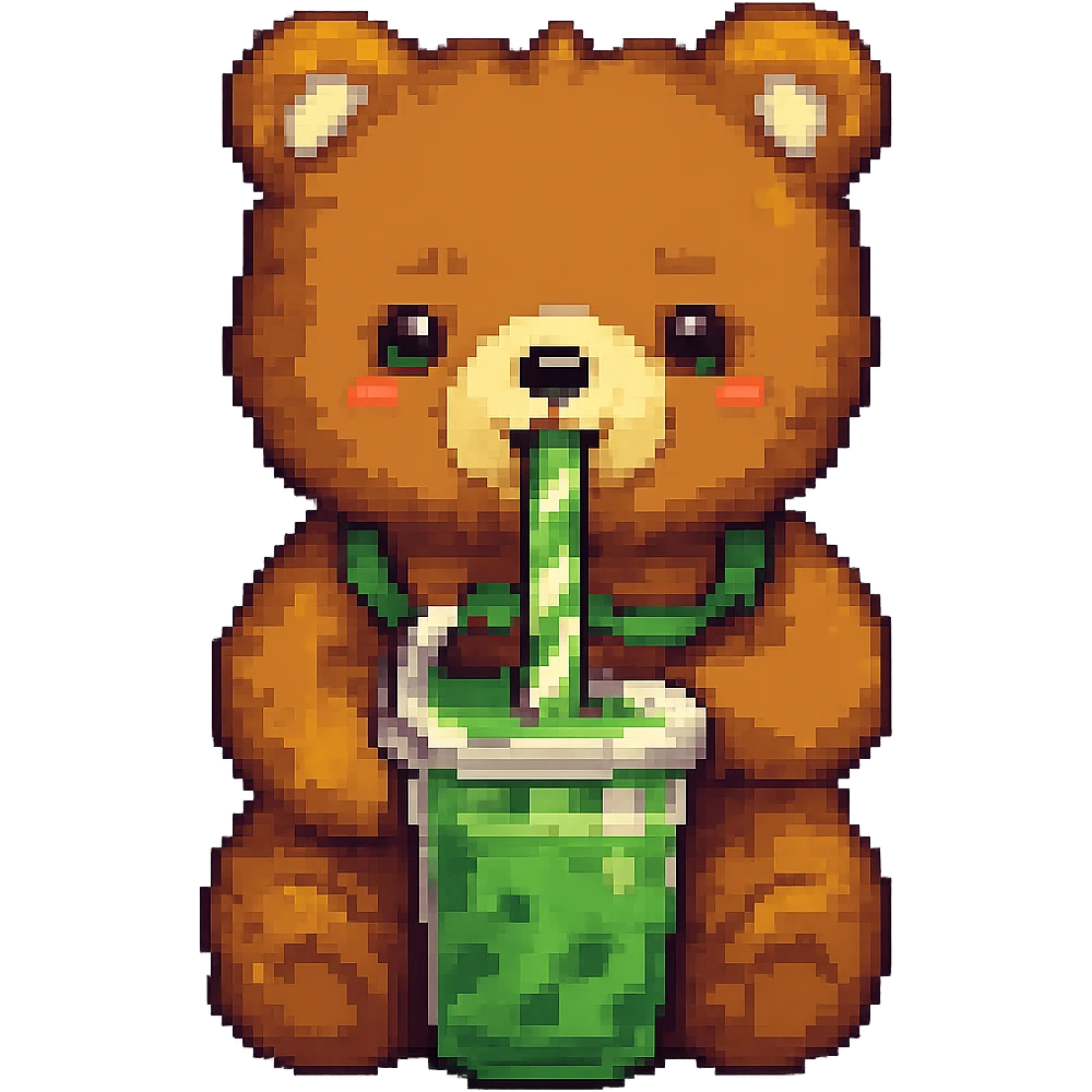 Change the boba tea to a matcha flavor with green color, keep the bear and style the same, no background. emoji