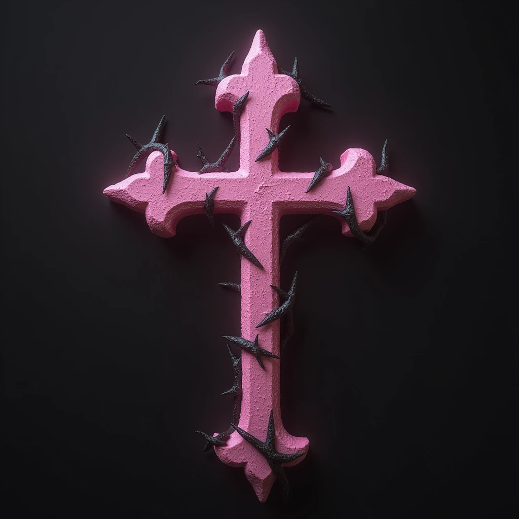 realistic gothic cross, pink with black thorns, photorealistic style emoji