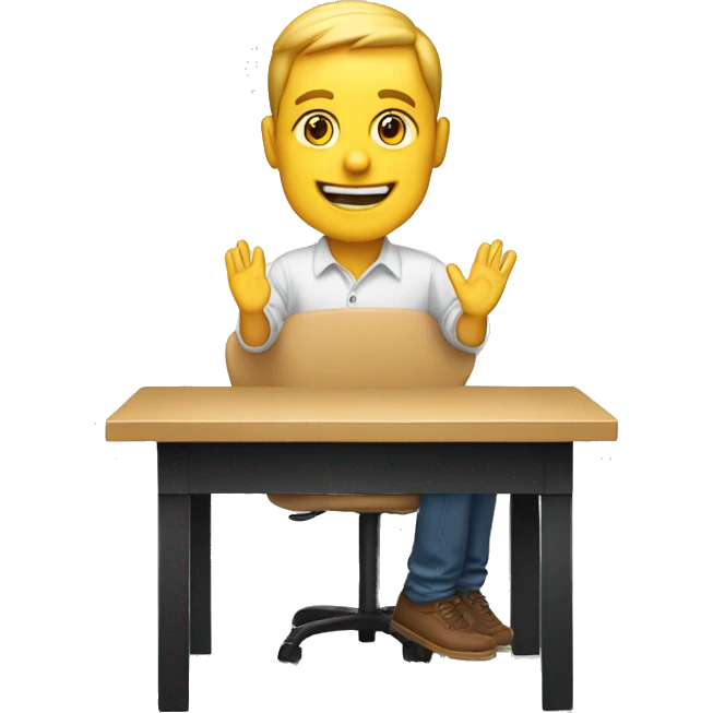 white person sitting on a table and rising hand showing hi remove the table in the front emoji