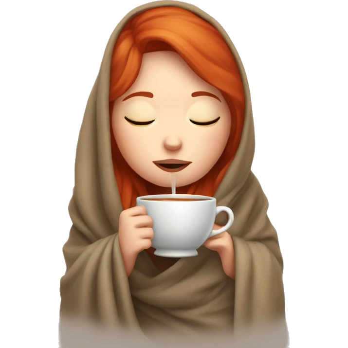 red hair girl wrapped in blanket drinking tea with eyes closed emoji