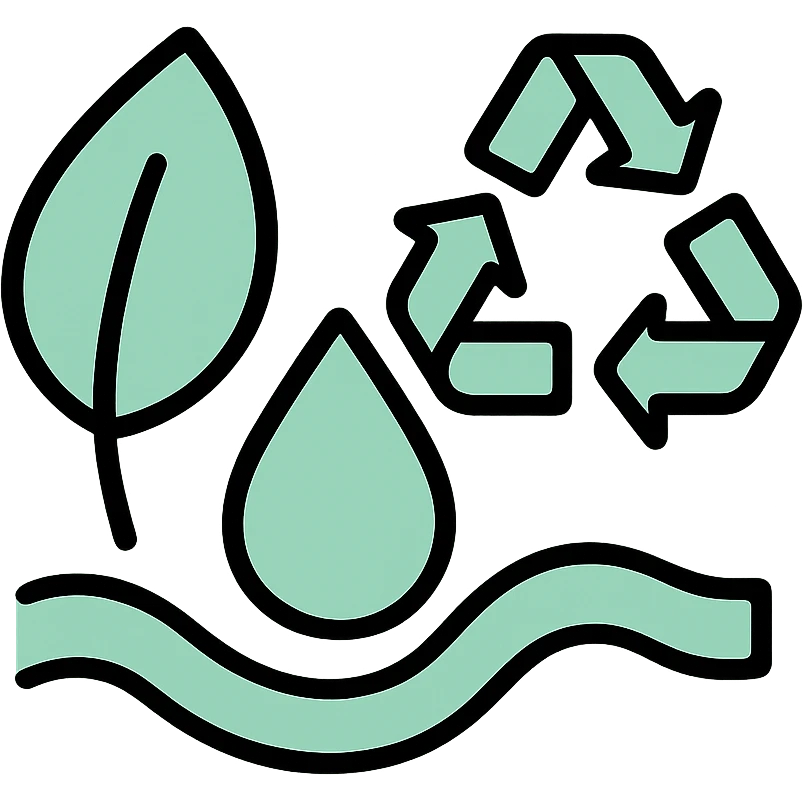 Environment with leaf, water drop, and recycling symbol, fluid dimensional design, techy style, black outlines with mint green #B5F4D3 fills emoji