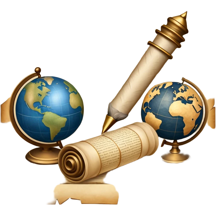 An icon featuring an ancient scroll, a quill pen, and a globe, symbolizing the study of history. The design includes a timeline with significant historical events, with ruins in the background to evoke past civilizations. Transparent background emphasizes the exploration of human history emoji