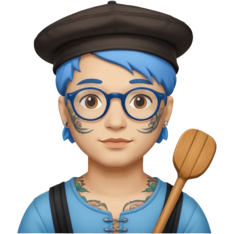 very tattoed face, normal glassess, fat venice gondolier with iconic hat and blue hair woman emoji