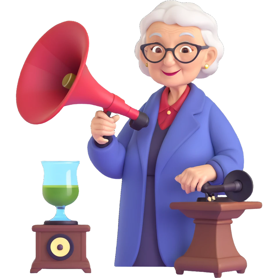 old lady with wineglass listening to gramophone emoji