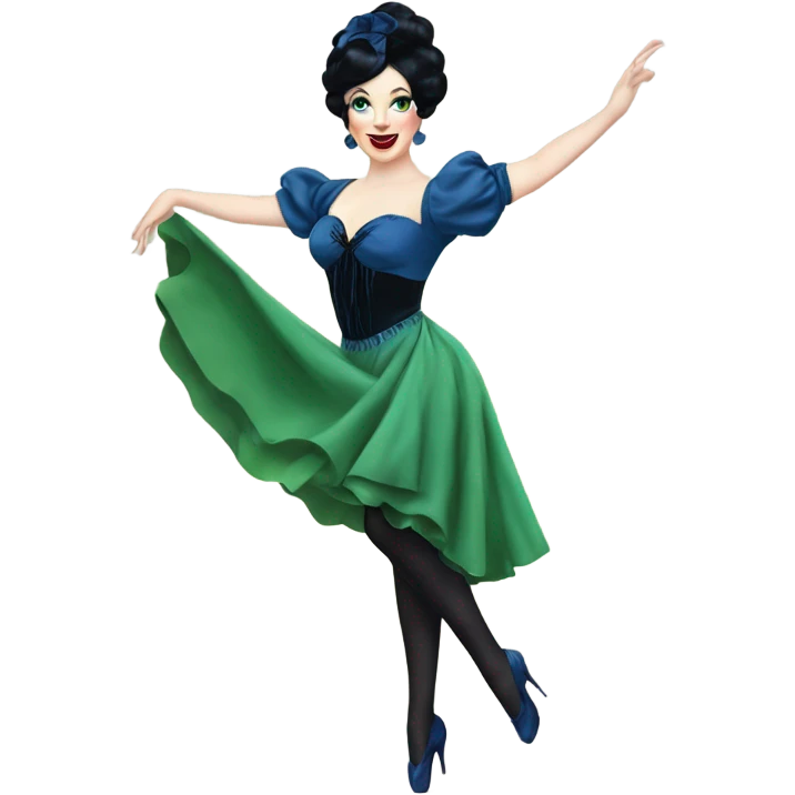 Burlesque dancer wearing blue with black hair, pale skin, and green eyes in a dark blue vintage costume dancing emoji