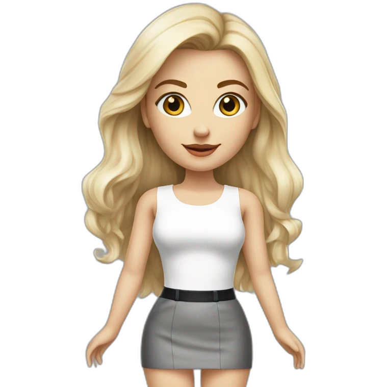 hyperrealist caucasian long blonde brown eyes woman white top gray tight mini skirt black high heels emoji