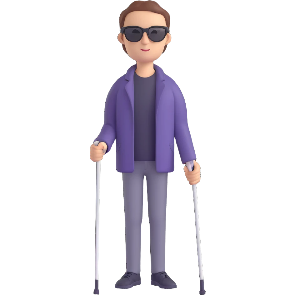 A blind person walking with a white cane, wearing sunglasses, outdoors, daytime. Focus on the cane and posture that indicates visual impairment. emoji