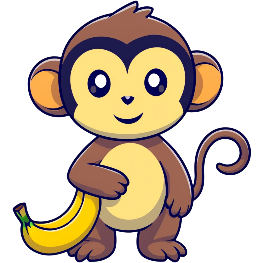 super kawaii baby monkey with big shiny eyes and tiny paws carefully peeling a banana emoji