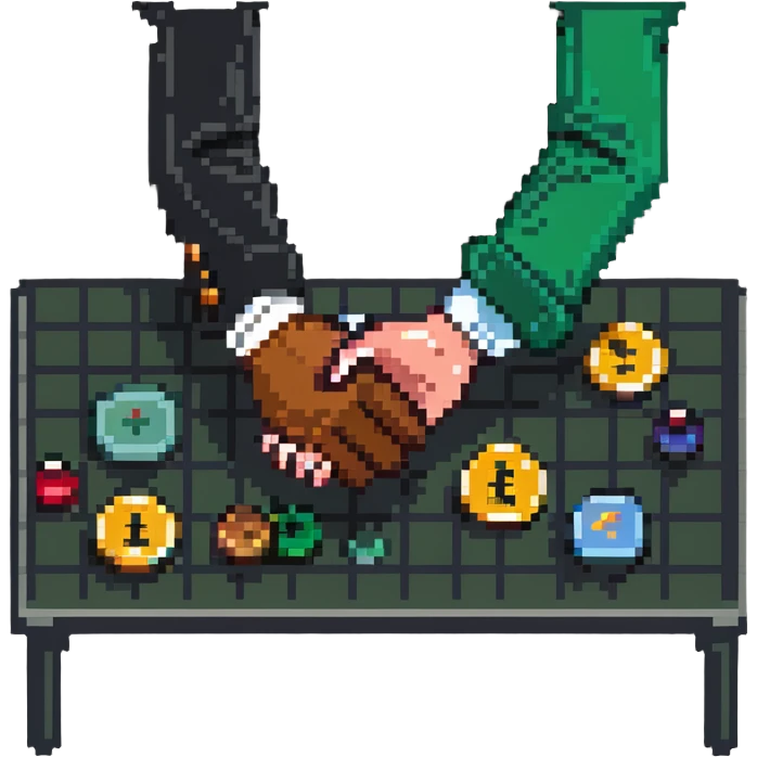scene of two people shaking hands over a table with charts and coins emoji