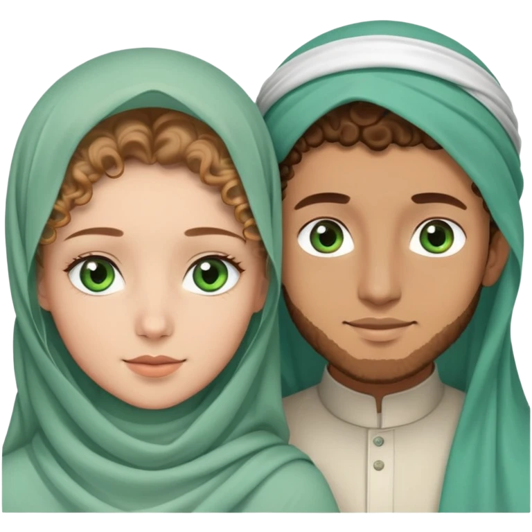 couple avec un garçon peau clair yeux vert bleu avec cheveux bouclés brun clair et son amoureuse peau un tout petit peu plus foncé avec des yeux verts et un voile musulman  emoji