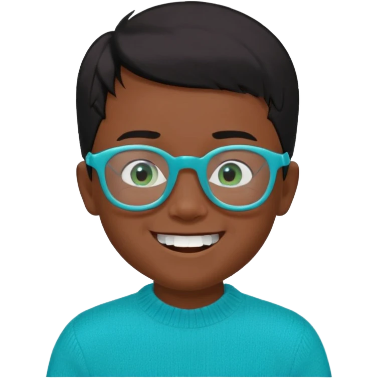 Chico de 7 años, pelo negro y repeinado, piel oscurita, gafas rectangulares azules, sonriente sin 1 diente, jersey verde turquesa y ojos rasgados, no redondeados emoji