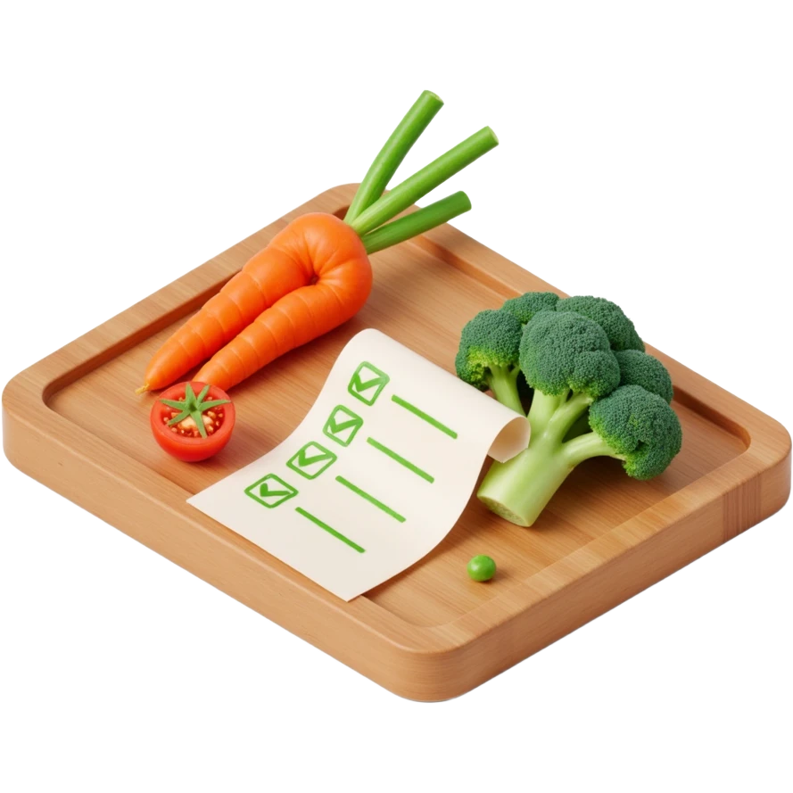 carrot tomato brocoli on the wooden cutting board with floating rolled paper list with green checkboxes emoji