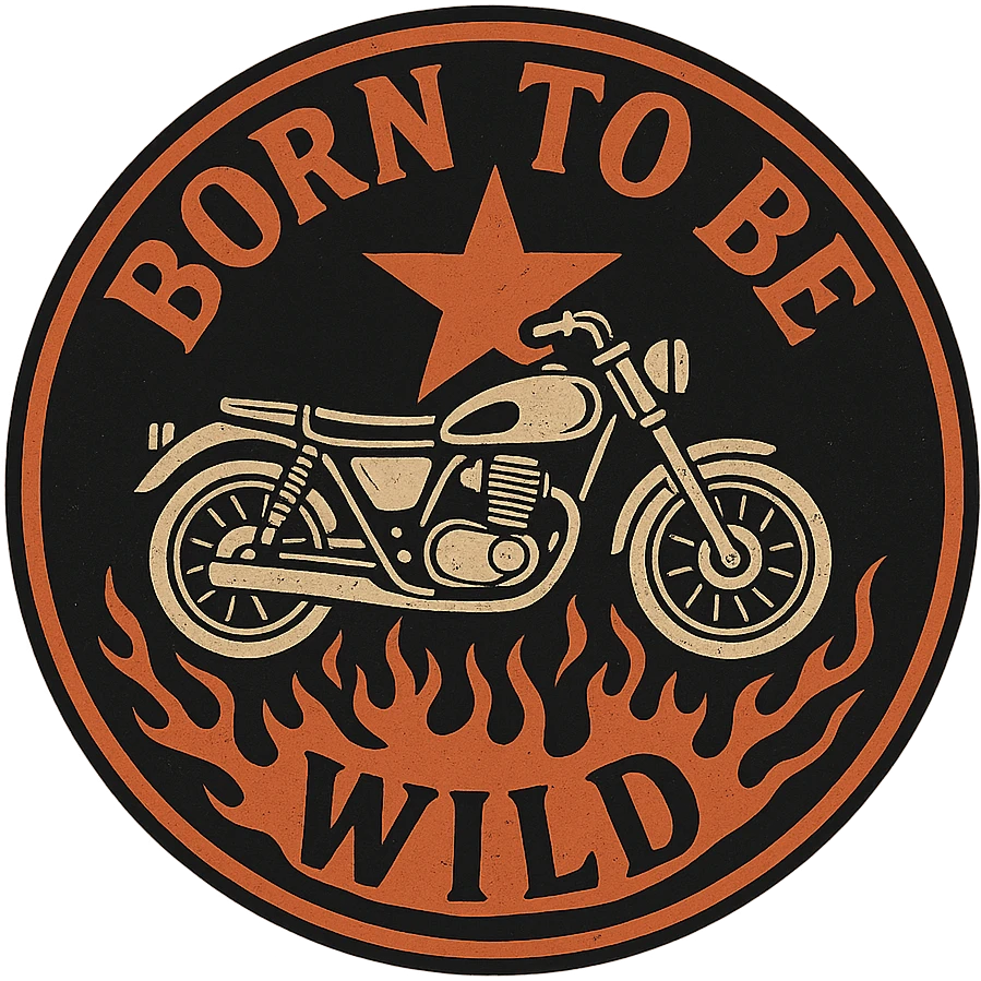 circular motorcycle cap design with transparent background, text 'Born to be wild', motif: star, motorcycle, flame, retro style emoji