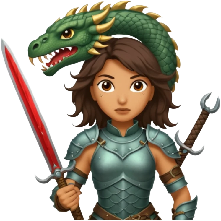 Fierce Latina in armor with a sword after a battle cutting off the head of a hydra emoji