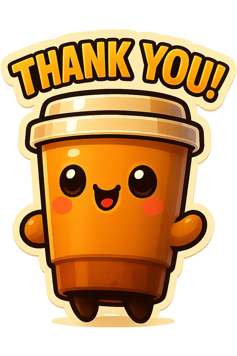 Tall coffee cup cat, big smile, big "THANK YOU!" emoji