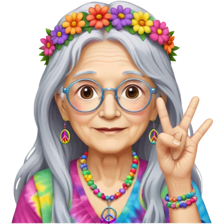 Elderly woman with long gray hair, peace sign necklace, colorful tie-dye clothing, round glasses, flower crown, hippie grandma emoji