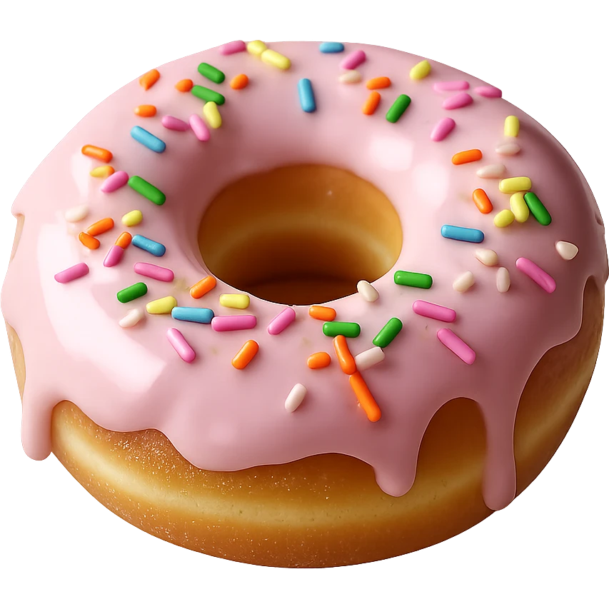 Isolate the realistic glazed donut with soft lighting, classic pink glaze with rainbow sprinkles on a transparent background, removing all other background elements. emoji