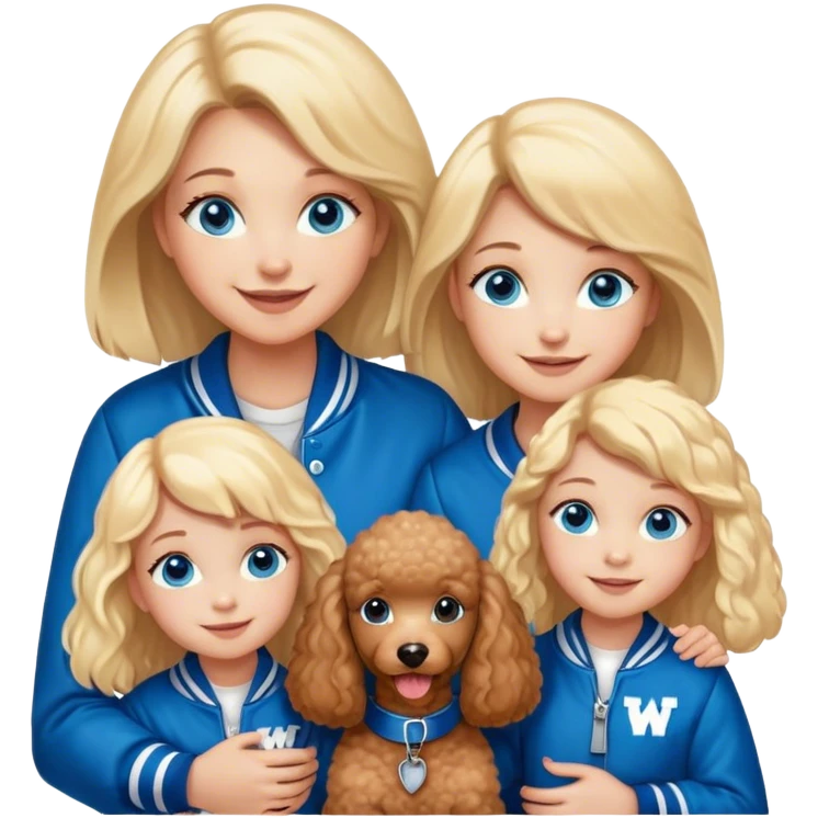 smiling mother in letterman jacket with W and Blue eyes, two Little girls Long blond straight hair and Blue eyes, poodle puppie brown emoji