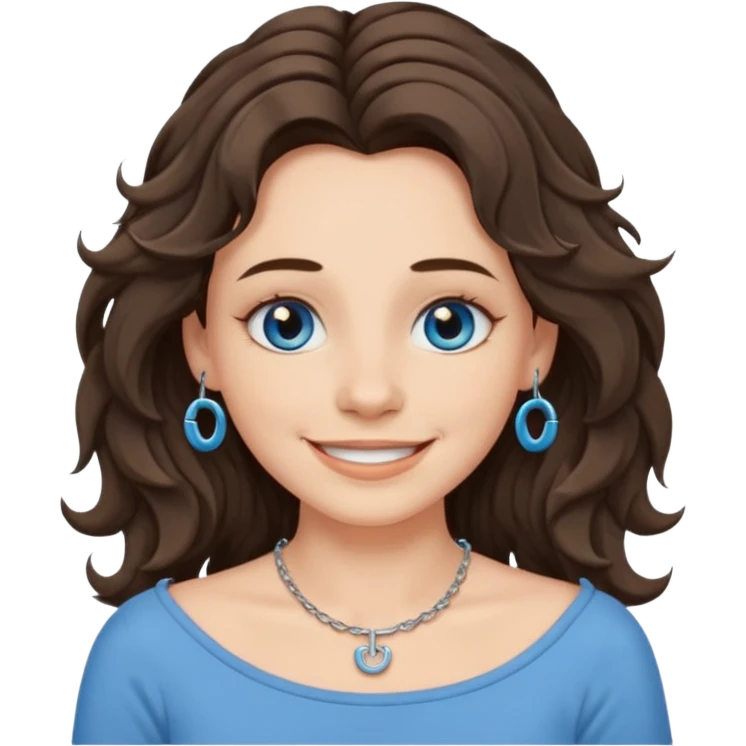 character with long wavy brunette shag hair, blue-grey eyes, boatneck top, septum piercing, emoji style emoji