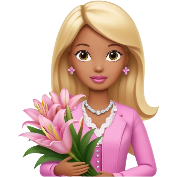 Brown skin blonde hair barbie with baby pink lily bouquet  emoji