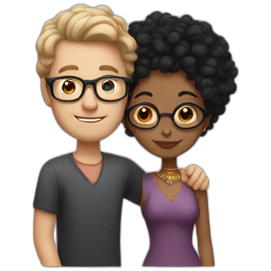 Tall white man with black hair and glasses hugging an Indian woman with curly hair emoji