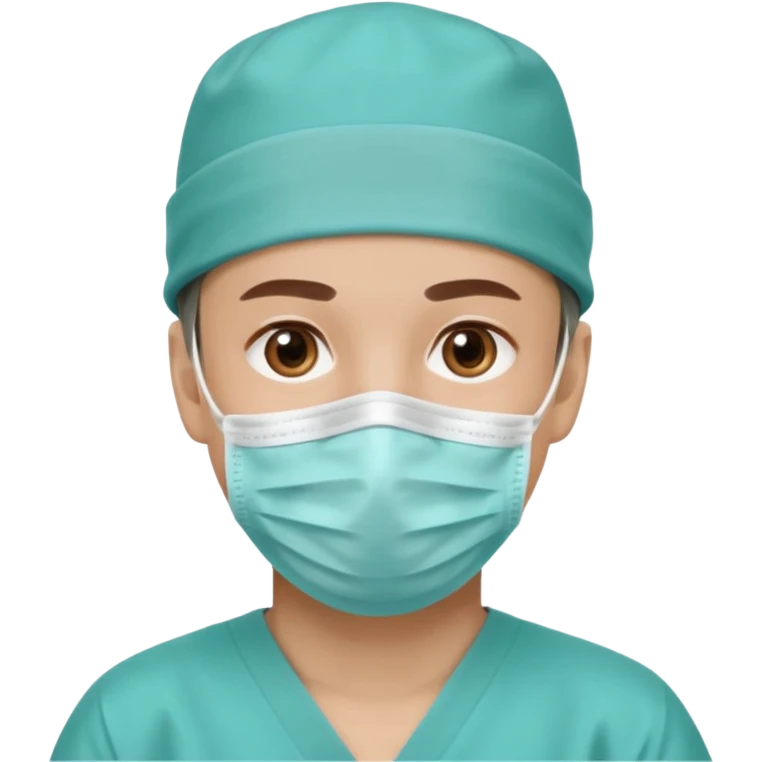 A light-skinned man with brown eyes, wearing a teal surgical cap and face mask. emoji