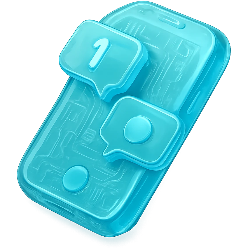 a smartphone with notification bubbles, flat design, cyan blue emoji