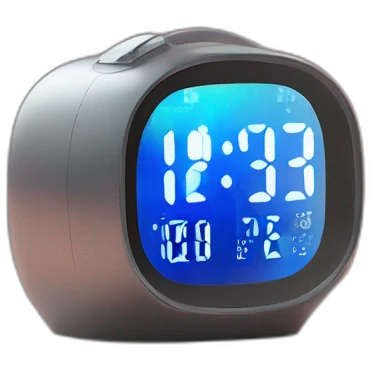 Create a sleek, modern alarm clock with a holographic display, set on a nightstand in a futuristic bedroom emoji
