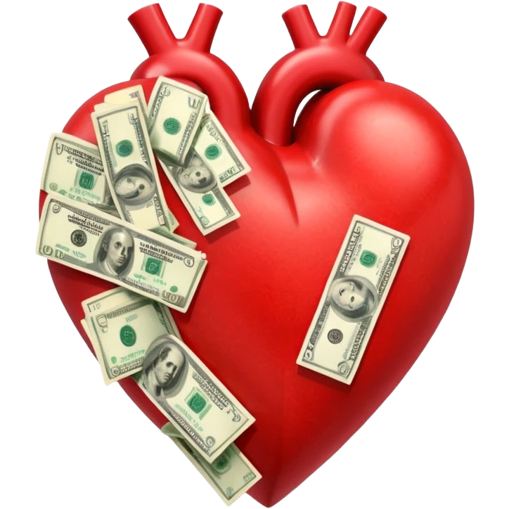 "Realistic HD red heart fused with money, cash integrated into the heart, glossy texture, clean white background." emoji