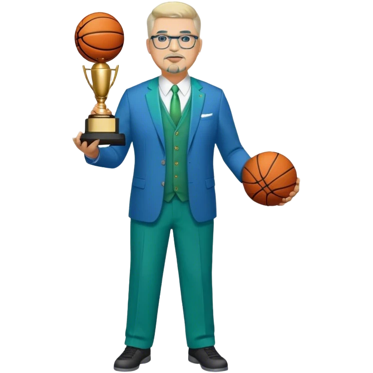 Full Body white middle aged male plus size wearing glasses with a goatee with light blonde and gray very short hair basketball head Coach in blue and green suit holding trophy emoji