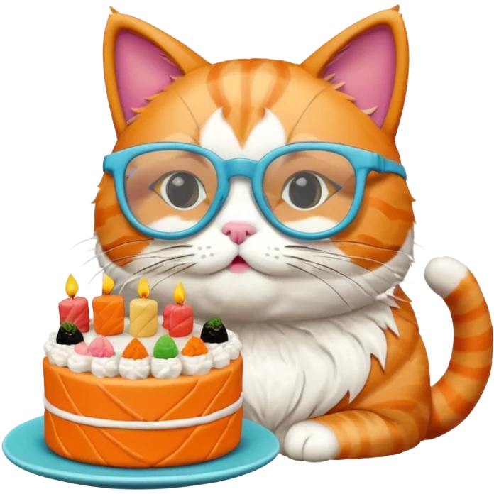 cat with cool square shaped glasses eating a birthday cake made out of sushi emoji