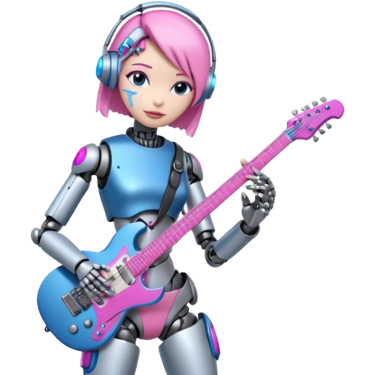 a cyper robot carry her note and electric guitar and try to change the world with pink and bluecolor emoji