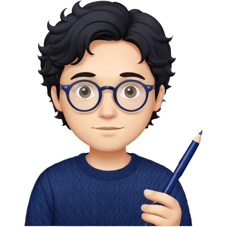 Young creative man with round glasses, wavy black hair, navy blue sweater, with pen in hand emoji