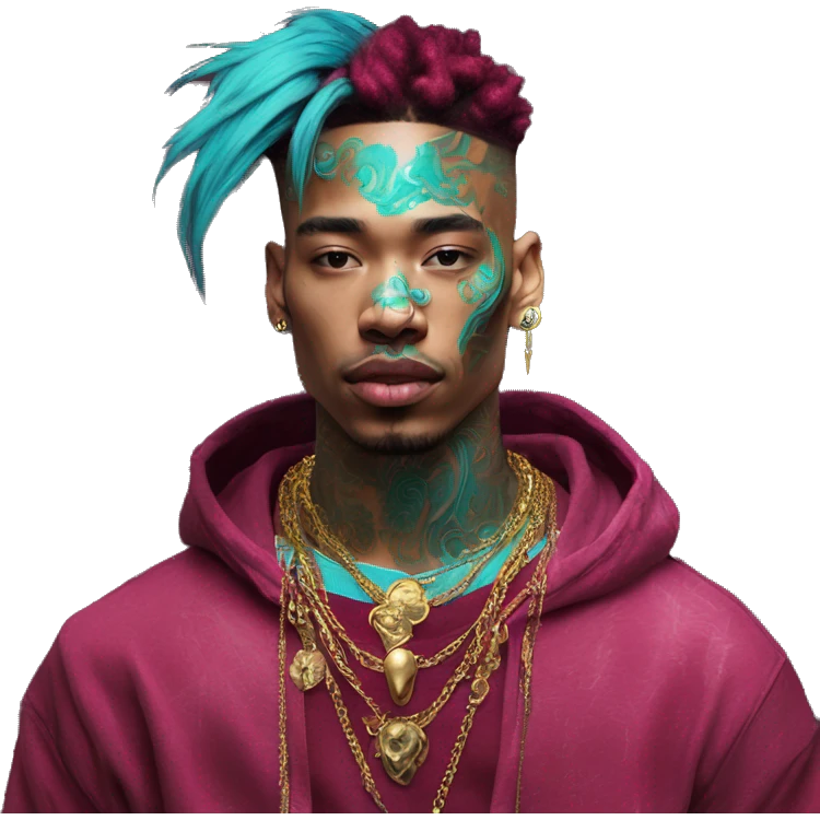 Vintage patina intricate swirls gold jewellery baroque golden raven tropical Deep pink maroon burgundy cyan dark hoodie man vitiligo dyed hair gold piercings nose piercing ear piercings emoji