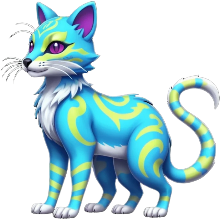 Neon-colored fantasy feline-marsupial-vernid-protogen-primagen-fursona animal creature full body with intricate markings  emoji