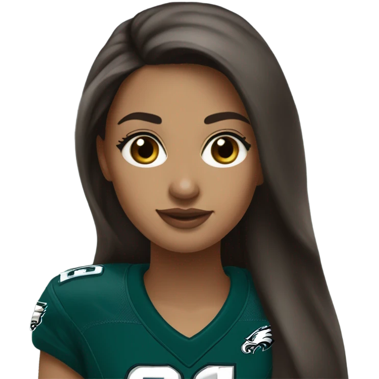 girl with brown hair, brown eyes, white skin. silver earrings, long hair. wearing Philidelphia Eagles gear emoji