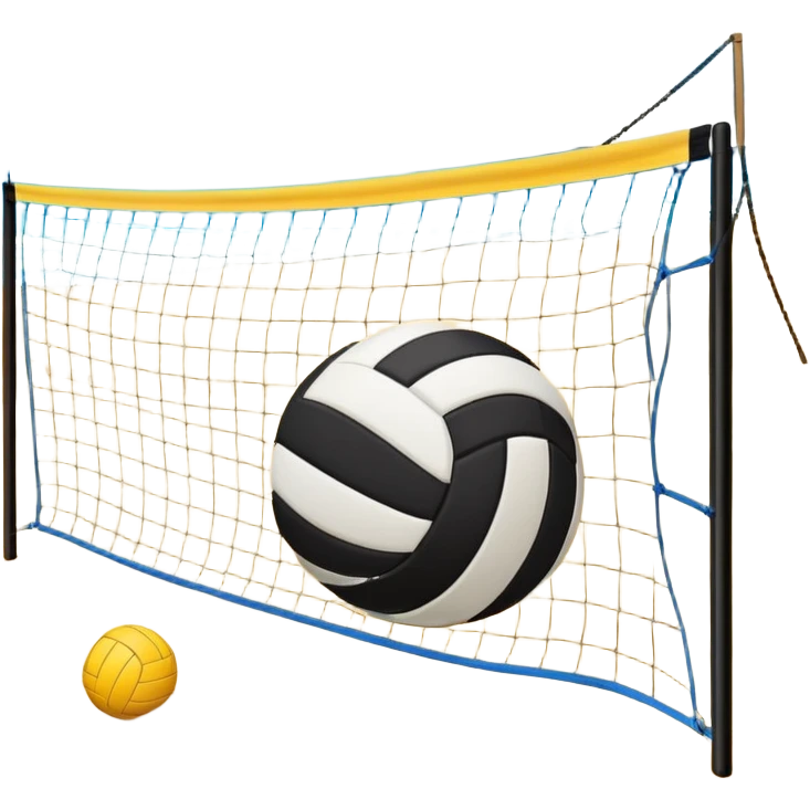 The scene captures the relaxed yet competitive vibe of beach volleyball, with warm sunlight and the natural beauty of the beach. A volleyball resting on the yellow sand on a beach, with the net in the background and a scenic view of the ocean and sky.  emoji